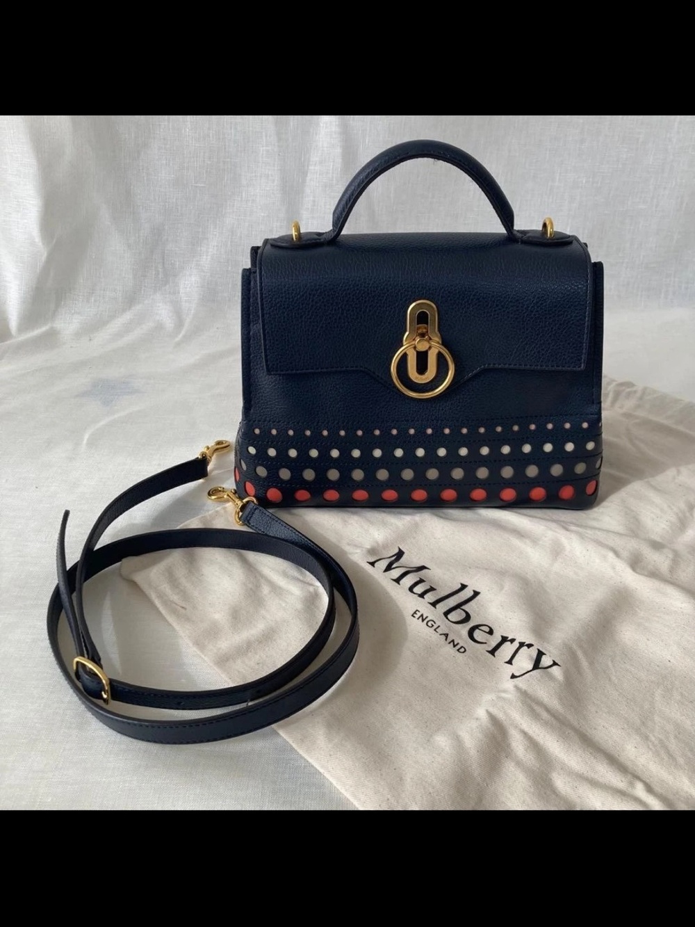 Mulberry Navy Leather Top-Handle Satchel with Polka Dot Trim